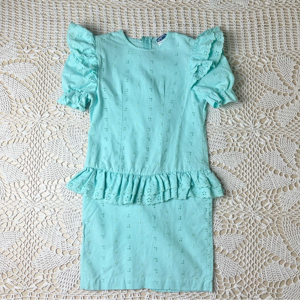 Vintage 1980s Polly Flinders Girls 7 Teal Eyelet Ruffle Waist Pencil Dress